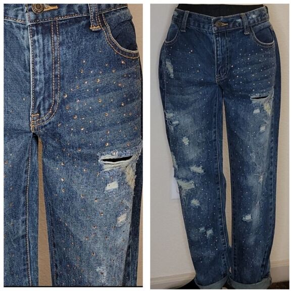 Litz Mid Rise Distressed Jeans with gold bling - Picture 1 of 16